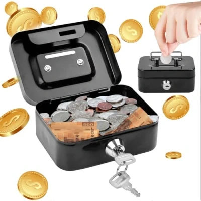 Immagine di Salvadanaio con Chiave, Cassa Soldi Portatile, Scatola Salvadanaio, Maialino Chiave per Spiccioli, Monete, Banconote, in Metallo, 2 Chiavi, Nero