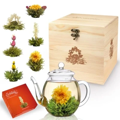 Immagine di Creano Set Regalo di Fiori tè in Una Scatola Legno con 6 Tipi Diversi „Fiori tè“ Bianco