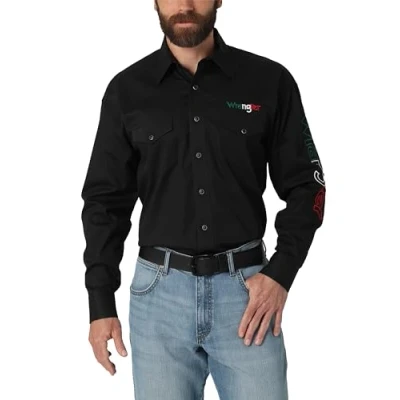 Immagine di Wrangler Camicia da uomo a maniche lunghe con bottoni due tasche logo occi, nero, L