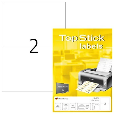 Immagine di TopStick etichette multiuso autoadesive, 2 per foglio A4, 100 fogli, 210 x 148 mm, 200 etichette, adesive universali vuote, stampanti laser e inkjet, bianco