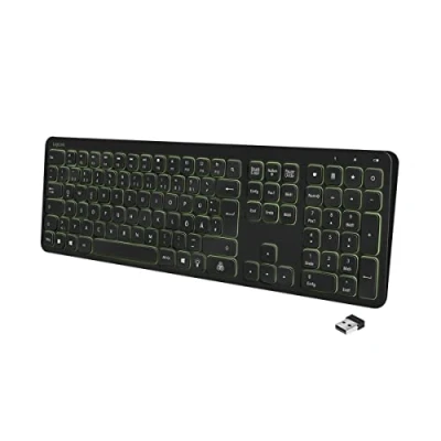 Immagine di Logilink ID0209 Tastiera wireless con retroilluminazione arcobaleno e 111 tasti, 17 tasti di scelta rapida, modalità risparmio energetico automatico, nero