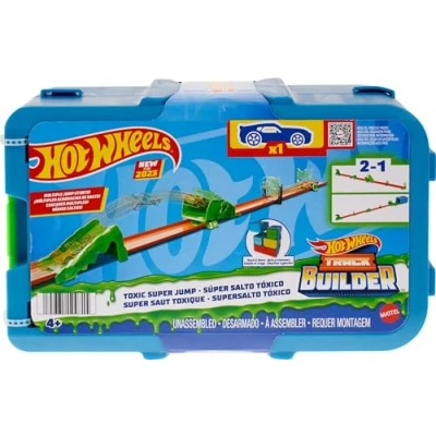 Immagine di Hot Wheels Track Builder Salto della Fossa Tossica, Set con 1 macchinina e 10 Pezzi di Pista, Box modulare impilabile, Giocattolo per Bambini, 4+ Anni, HKX47