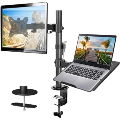 Immagine di HUANUO Supporto Monitor Braccio con Vassoio per Laptop Schermi LED LCD da 13 a 32 Pollici e Notebook Fino 17 Pollici, Ergonomico Scrivania Morsetto, 2 Opzioni di Montaggio