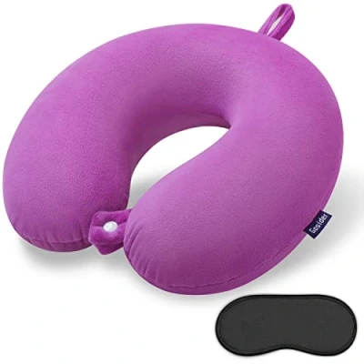 Immagine di Gosider cuscino da viaggio viola, comodo cervicale in memory foam a forma di U supporta collo e testa, portatile, adatto per aerei, treni, auto semoventi