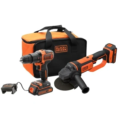 Immagine di BLACK+DECKER TRAPANO AVVITATORE A PERCUSSIONE 18V &amp; SMERIGLIATRICE ANGOLARE In softbag dotazione: 2 batterie 2.0Ah, caricabatterie rapido, guardia, impugnatura laterale, chiave cambio disco, BCK24D2S QW
