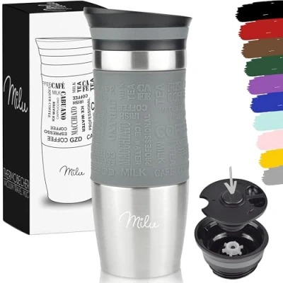 Immagine di Milu Tazza Termica da viaggio per caffè 370ml 450ml 100% a Prova di perdite Isolata e tè portare via bere in acciaio inossidabile (Grigio, 370ml)