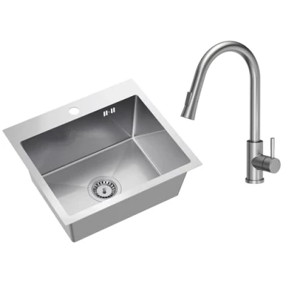 Immagine di VBChome Lavello da incasso in acciaio inox con rubinetto, 50 x 45 cm, spazzolato, foro per inox, grande lavandino, sifone beccuccio estraibile
