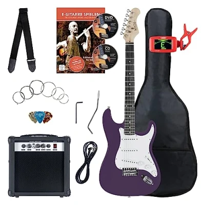 Immagine di Rocktile ST Pack Set Chitarra Elettrica Viola Kit Completo per Chitarre Elttriche con Amplificatore 25W, Custodia Morbida, Accordatore, Cavo, Tracolla, Plettri Purple Highgloss