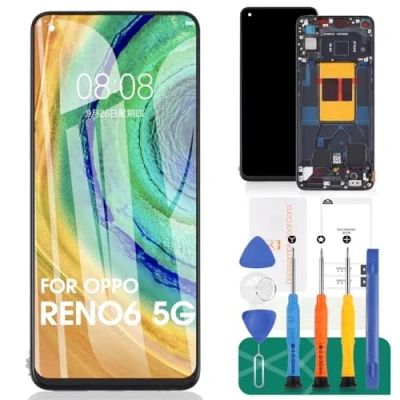 Immagine di Schermo OLED Per Oppo Reno6 5G LCD Display Reno 6 di Ricambio Touch Screen CPH2251 Digitalizzatore Con Telaio (Nero, Riconoscimento Delle Impronte Digitali)