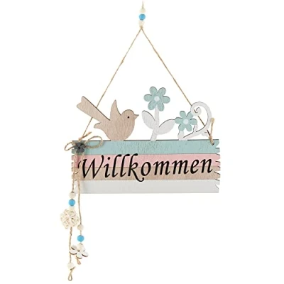 Immagine di com four® Cartello per Porta Willkommen Decorativo a Molla in Legno con Cordino da Appendere Pasquale la d&#039;ingresso (01 Pezzo Uccello e Fiore)