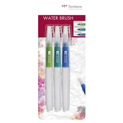 Immagine di Tombow Set di pennelli Wb 3P con serbatoio d&#039;acqua (vuoto), 3 pezzi, 1 pennello a punta fine, media, piatta, multicolore