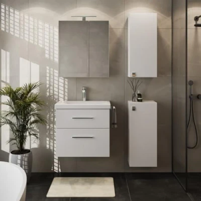 Immagine di Planetmöbel set da bagno completo in mobiletto 63 cm, con lavabo, armadietto a specchio e 2 armadietti midi bianco, per bagno, 5 pezzi