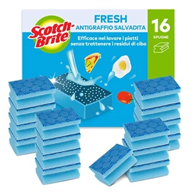 Immagine di Spugna abrasiva Scotch Brite Fresh, antigraffio salvadita, 16 pezzi per confezione pulisce i piatti senza graffiare e non trattiene residui di cibo.