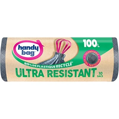 Immagine di HANDY BAG Rotoli da 10 sacchetti della spazzatura 100 litri ultra resistente, 80% plastica riciclata, chiusura con maniglie scorrevoli, tecnologia protezione, triplo spessore, 82 x 90 cm