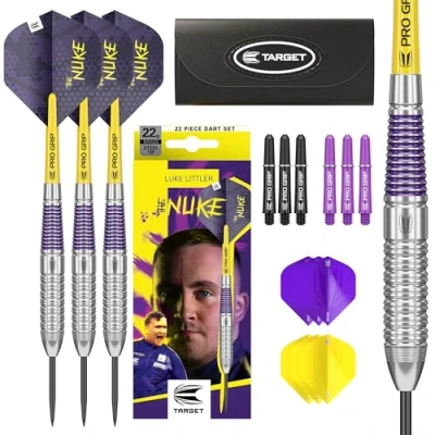 Immagine di Target Darts Set di Freccette con Punta in Acciaio Luke Littler Brass 22G, The Nuke Player Edition, voli, astine e Custodia per Incluse