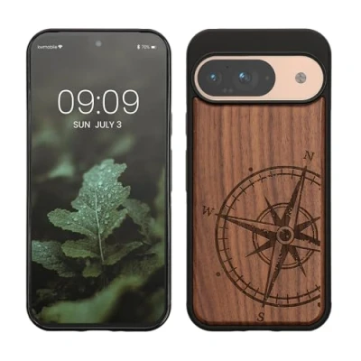 Immagine di kwmobile Custodia Compatibile con Google Pixel 9 / Pro Cover Back Case in Legno Bumper Silicone TPU Bussola vintage marrone scuro