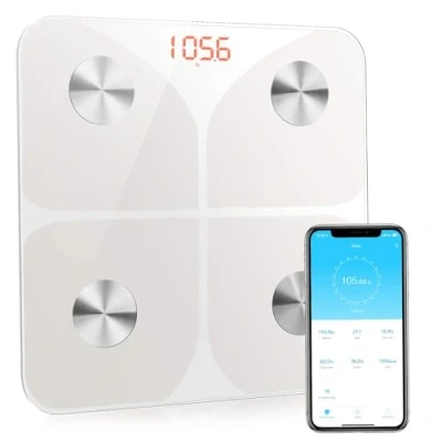 Immagine di Bilancia Pesapersone Digitale Professionale Impedenziometrica Senza Fili Intelligente per IOS e Android Integrata con 13 Indici di Misurazione Massa Grassa, Magra Metabolismo Basale, Bianco