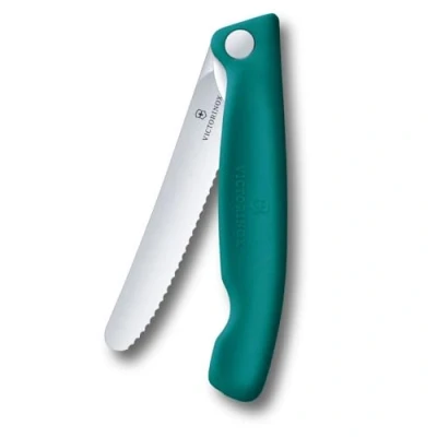 Immagine di Victorinox Swiss Classic Coltello da picnic pieghevole per escursioni, frutta, verdura, panini, salsicce, lama seghettata, Extra affilato, Verde
