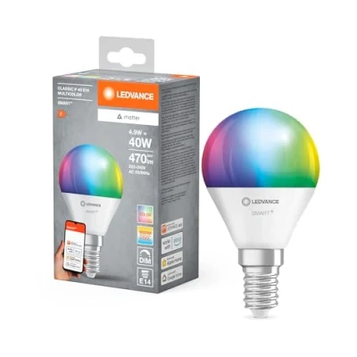 Immagine di Ledvance Lampada Led Smart+ Matter, Smerigliata, 4,9W, 470Lm, Forma a Candela E14, Luce Colorata e Bianca, Compatibile con Google, Alexa, Apple, App o Controllo Vocale, Durata Fino 20.000 Ore