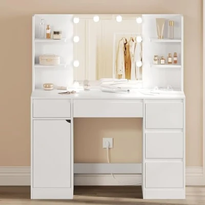 Immagine di WOLTU Toiletta Trucco con Luci LED, Presa Multipla, Luminosità Regolabile, Tavolino da 5 Cassetti e Scaffali Aperti, 110x40x140cm, Truccoe Camera Letto Bianco, MB6117ws