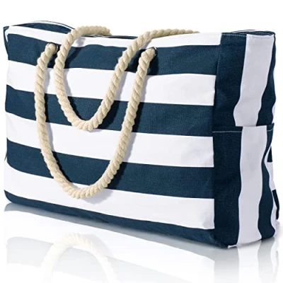 Immagine di oscaurt borsa da spiaggia a strisce, impermeabile, spiaggia, grande con chiusura lampo, shopper donna, XXL, per la spesa, tracolla, viaggio,