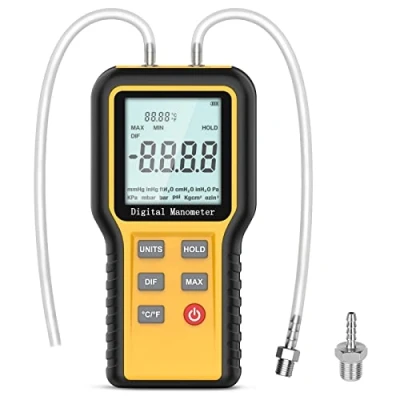 Immagine di Manometro Digitale Palmare Professionale Differenziale per Gas Tester di Pressione del HVAC Manometri Portatile con Connettore a Doppio Tubo, Ampio Display LCD e 12 Unità