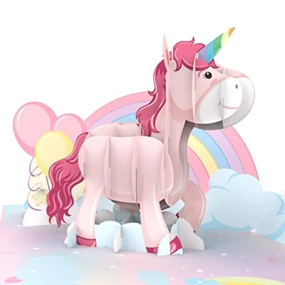 Immagine di MOKIO® Biglietto Auguri Pop Up Unicorno rosa con Arcobaleno regalo 3D per un compleanno, d&#039;auguri busta ragazze