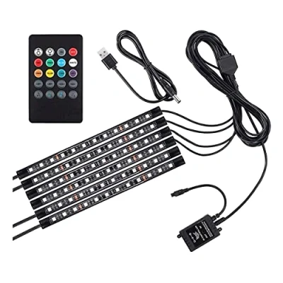 Immagine di Justech 6 Pezzi 72 LED Auto Strisce Luce Interni Neon 6x12 Multicolore Luci Dimmerabili 12V RGB Illuminazione Atmosfera Decorazione SMD Impermeabile con Controllo Musica Wireless USB Porta