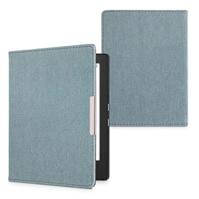 Immagine di kwmobile Custodia Compatibile con Kobo Aura H2O Edition 1 Cover Jeans Denim Chiusura Magnetica eReader Flip Case Blu Chiaro
