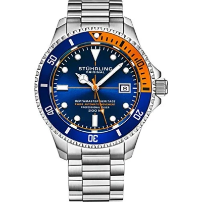 Immagine di Stuhrling Orologio da sub uomo in acciaio inossidabile resistente all&#039;acqua fino a 200 metri, movimento automatico svizzero con chiusura di sicurezza e corona vite