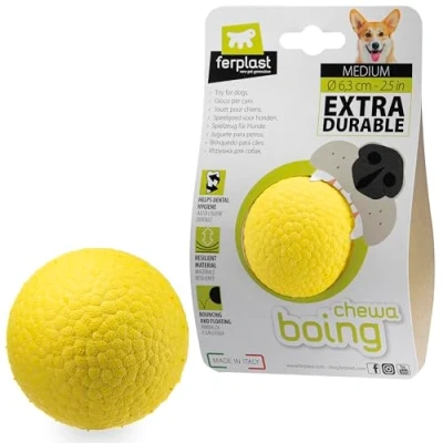 Immagine di Ferplast Gioco Cane, Palla per Cani, in Materiale Durevole, Atossico, Resistente ai Morsi, Igiene Dentale del Rimbalza e Galleggia, CHEWA BOING Pallina, Giochi Giallo