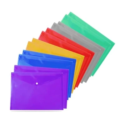 Immagine di 10 buste portadocumenti formato A4, trasparenti, con bottoni automatici, colori assortiti