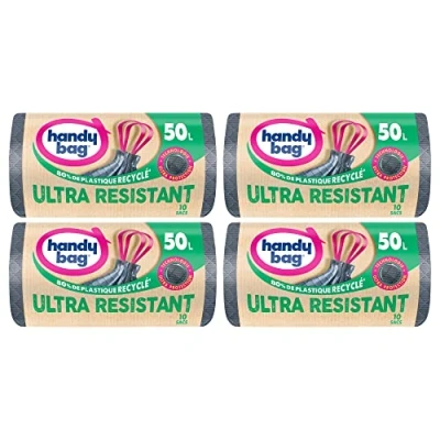Immagine di Handy Bag Set di 4 rotoli da 10 sacchetti per rifiuti 50 L, ultra resistente, 80% plastica riciclata, chiusura con manici scorrevoli, tecnologia protezione, triplo spessore, anti perdita