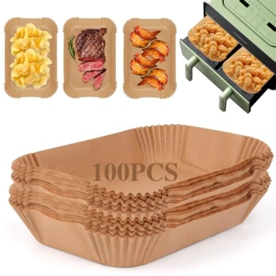 Immagine di VFANDV Carta Forno per Friggitrice ad Aria, 100 Pezzi Food Grade BPA Free 22 x 14 cm Fodera di Usa e Getta pcompatibile con Ninja AF300EU, AF400EU &amp; Altri Doppio Zona Airfryer