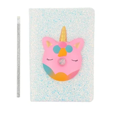 Immagine di Inca Squishy unicorno Taccuino con glitter blu di Scuishi a forma ciambella + portapenne gomma cancellabile, ideale per compleanni