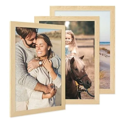 Immagine di PHOTOLINI cornici A3 30x42 cm legno MDF naturale, set di 3 larghe, moderne, plexiglass infrangibile, da parete, accessori extra per una parete dal look raffinato