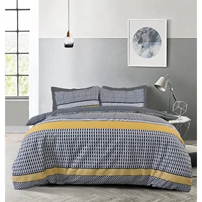 Immagine di Sleepdown Set di biancheria da letto con copripiumino reversibile a righe geometriche astratte, nero, grigio, ocra, morbido, facile pulire, per singolo (135 x 200 cm)