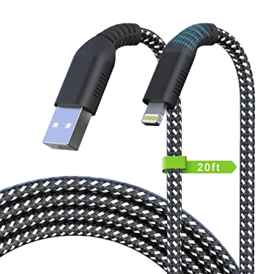 Immagine di cavo di ricarica per iPhone lungo, Lightning 20FT/6M [certificato Apple MFi] sincronizzazione con rapida 2.4A, USB A 14 13 12 11