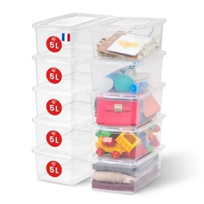Immagine di Iris Ohyama Scatole Portaoggetti, 5L, Set di 10, Trasparente, Chiusura facile, Impilabile, Plastica Per Armadio, Scaffali, Scuola, Organizzazione, Giocattoli, Cartoleria, Scarpe, CNL 5