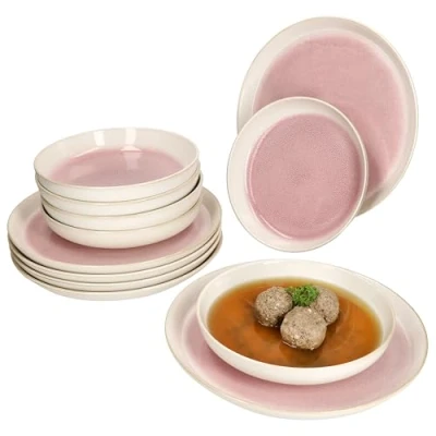 Immagine di MamboCat Reactive Glaze Paris Servizio da tavola 12 pezzi, colore: Crema e rosa, stoviglie in gres porcellanato per 6 persone, piatti fondi profondi, 400 ml piani