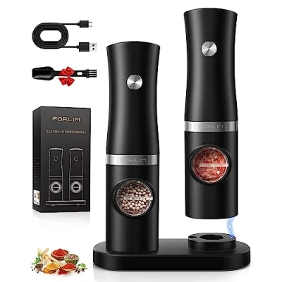 Immagine di FORLIM Set macina sale e Pepe Elettrico, con base ricaricabile USB, macinapepe in acciaio inox granulosità regolabile, luce LED, pulsanti galvanizzati(Nero)