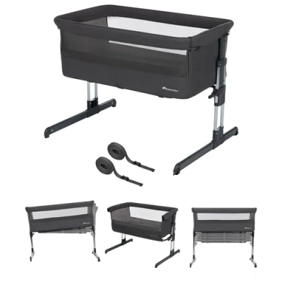 Immagine di Bebeconfort Calidoo, Culla Neonato Fianco Letto 2 in 1, 0 6 Mesi (0 9 kg), Co sleeping Reclinabile, 5 Altezze, Ampio Materasso Imbottito, Pannelli a Rete, Lato Facile da Aprire, Tinted Graphite