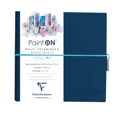 Immagine di Clairefontaine 975436C Taccuino Cucito di carta da disegno Paint&#039;On 64 pagine Bianche a grana 19x19 cm 250g, chiusura con elastico, Copertina Morbida blu