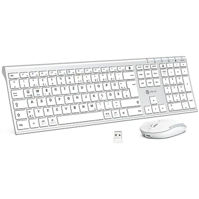 Immagine di iClever tastiera e mouse wireless 2.4G, ricaricabili USB C, dimensioni originali, sottile resistente per Windows 7/8/10, Mac OS,Versione tedesca QWERTZ