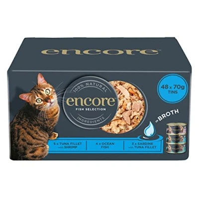 Immagine di Encore Cibo umido naturale per gatti, confezione multipla di pesce in brodo, 4 x 12 70 g (totale 48 lattine)