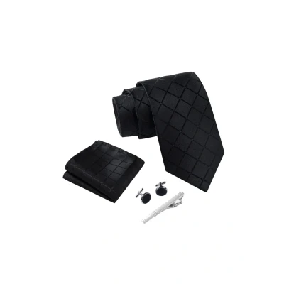 Immagine di Massi Morino Cravatta Nero quadrato e fazzoletto da uomo con camicia gemelli, parure fermacravatta set I Accessori sposa Cravatte Elegante Confezione Regalo