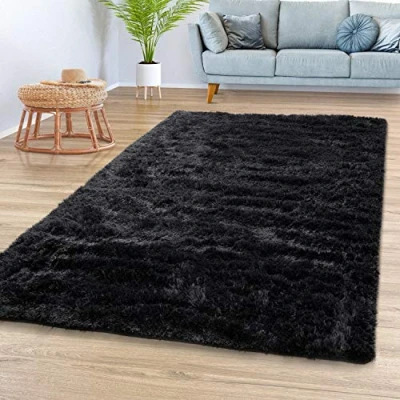 Immagine di TT Home Tappeto Salotto Pelo Lungo Shaggy Morbido Soffice Design Moderno Monocolore, Colore: Nero, Dimensione:120x170 cm