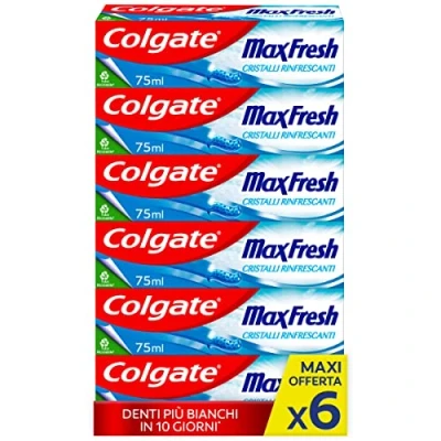 Immagine di Colgate Dentifricio Max Fresh Cristalli Rinfrescanti 6 Confezioni da 75 ml I Freschezza 10 Volte a Lungo Menta Glaciale Denti più bianchi Aiuta combattere le carie