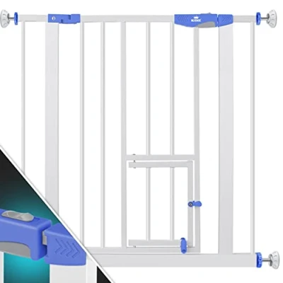 Immagine di KIDIZ® Cancelletto di Sicurezza per porte, Bambini, con Porta Cani e Gatti, senza foratura, espandibile, combinabile i mandrini a Y, girevole, 74 87 cm Bianco/Blu