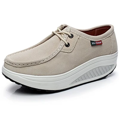 Immagine di rismart Donna Comodo Piattaforma Cuneo Scamosciato Pelle Addestratore Sneaker Beige 36 EU